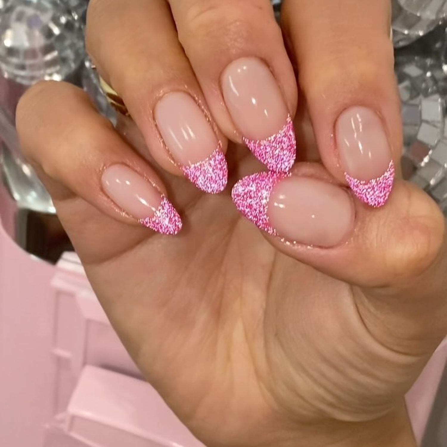 Glitter Visual Idea — Almond French Tip Nails