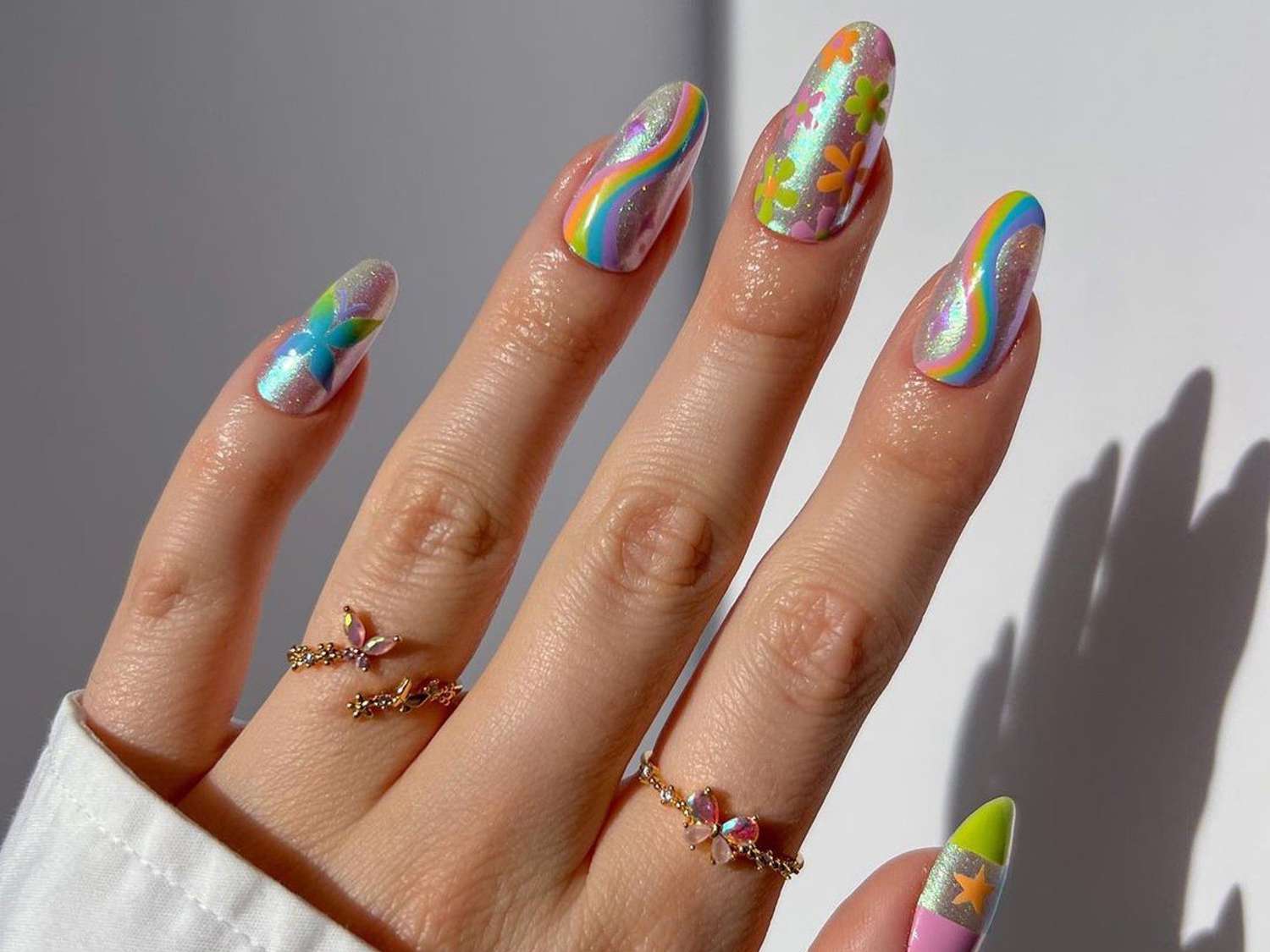 Iridescent Shimmer Rainbow Waves and Florals — Airbrush Nails