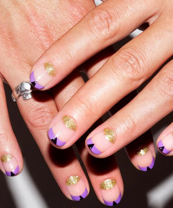 Festive Purple Tips with Glitter Moons Festive Purple Tips with Glitter Moons — Negative Space Nails