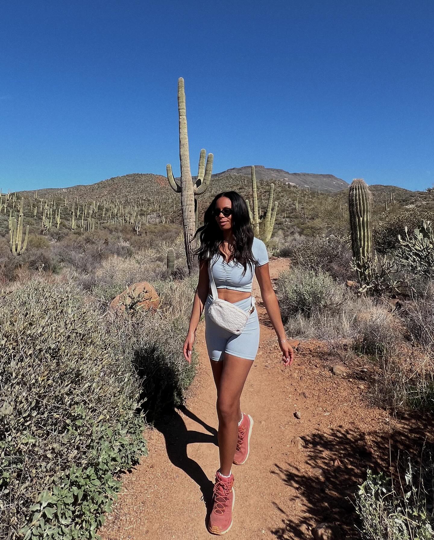Light Blue Matching Set with Pink Hiking Shoes — Hiking Outfits