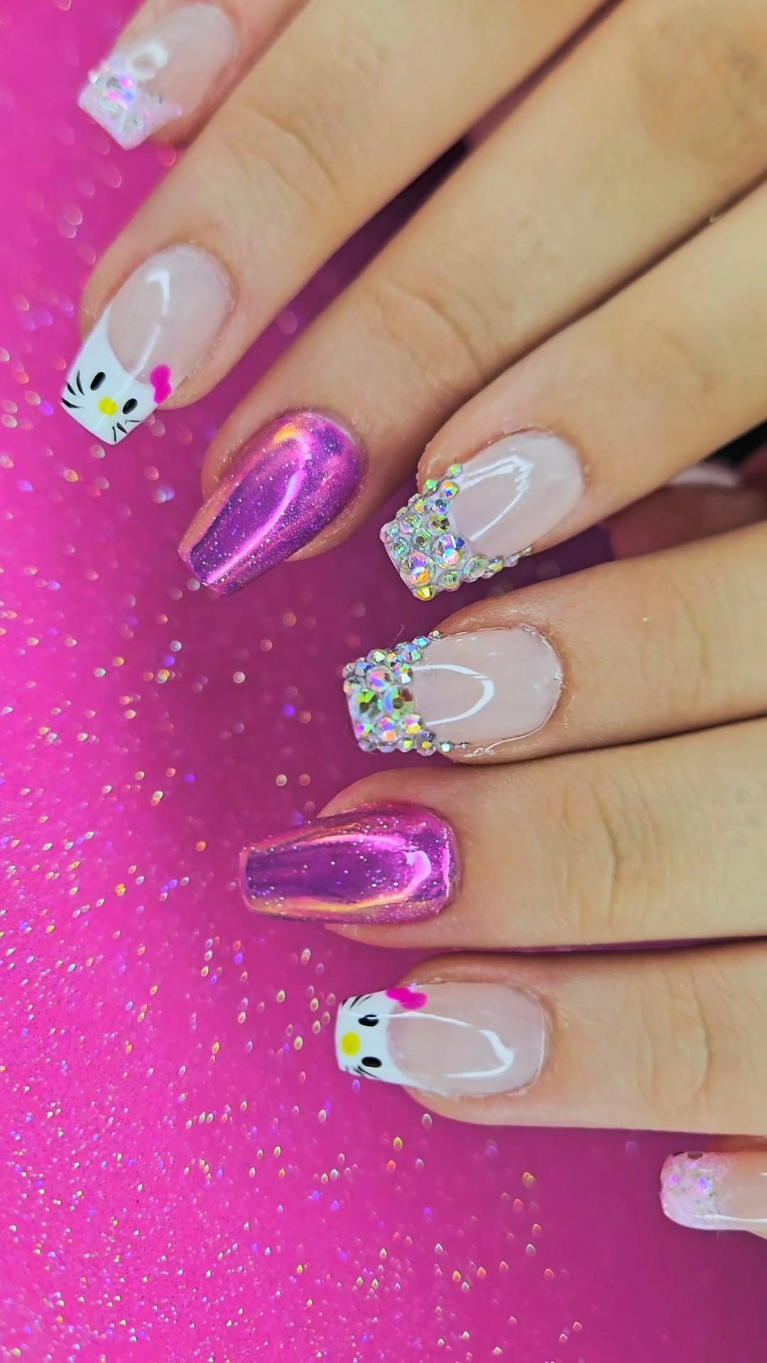Vibrant Pink Chrome Hello Kitty — Hello Kitty Nails