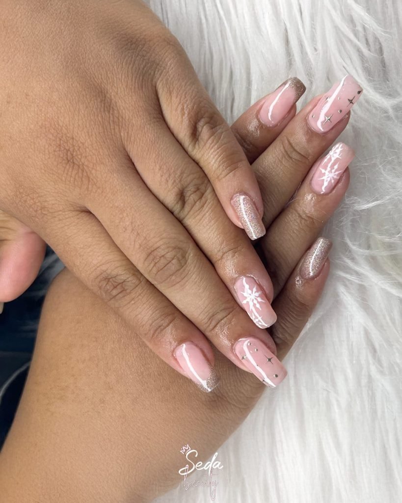 Pale Pink Square with Glitter Snowflakes — Bridesmaid Nails