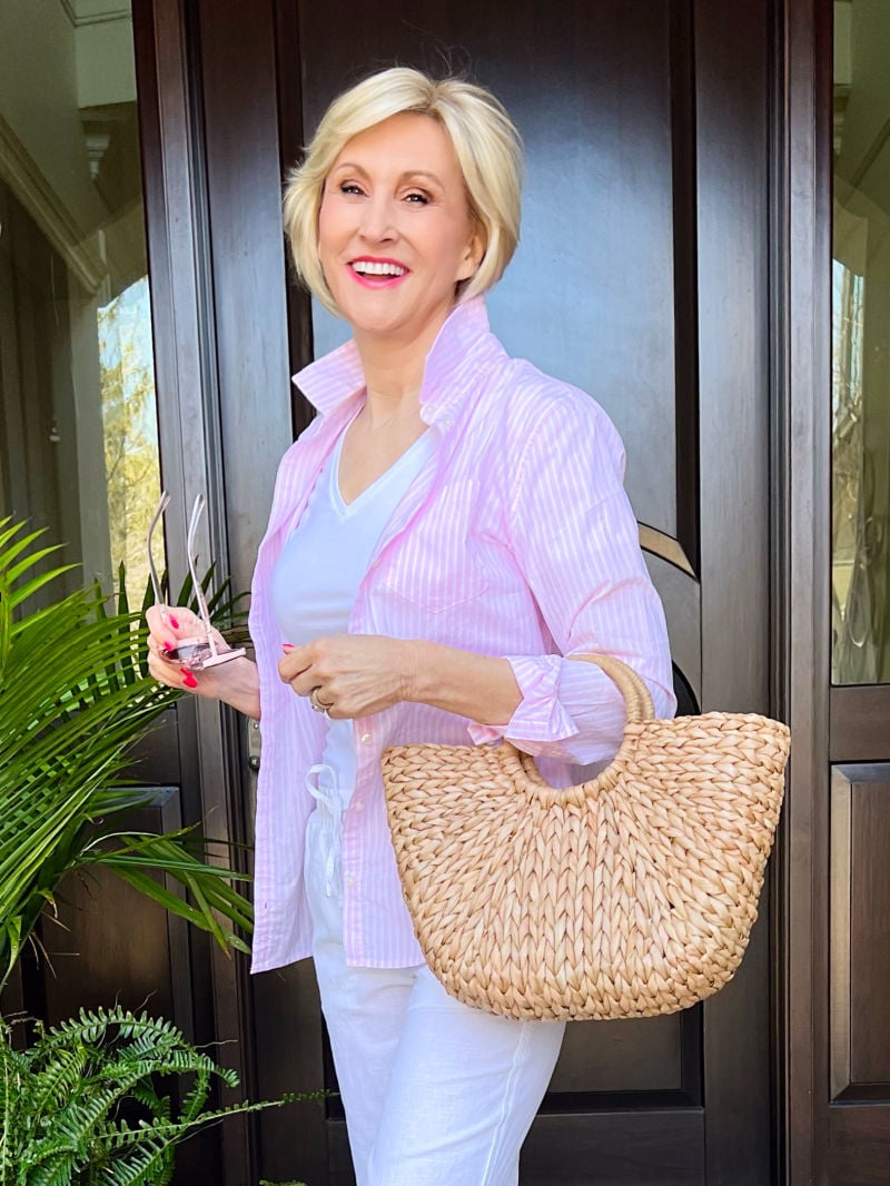 Striped Linen Shirt with White Cotton Pants Striped Linen Shirt with White Cotton Pants — Coastal Grandmother Outfits
