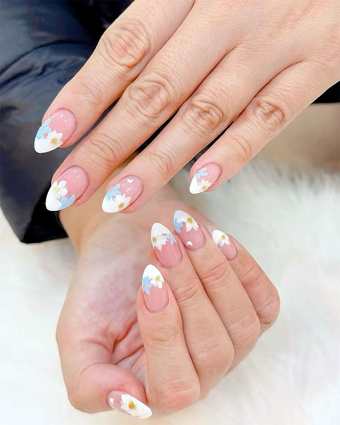 Glossy Medium Almond Blue Floral French Glossy Medium Almond Blue Floral French — Nurse Nails