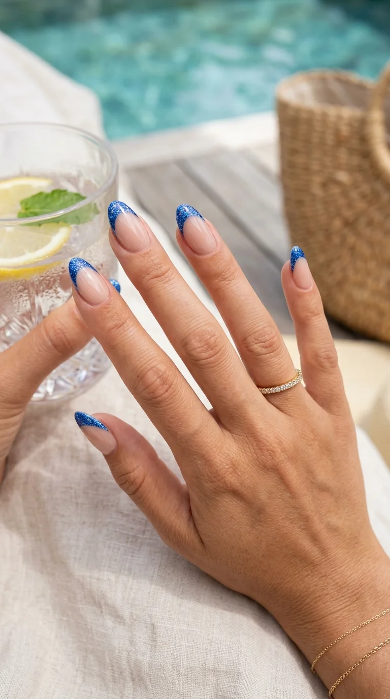 Bright Blue Glitter French Almond Nails — Blue French Tip Nails