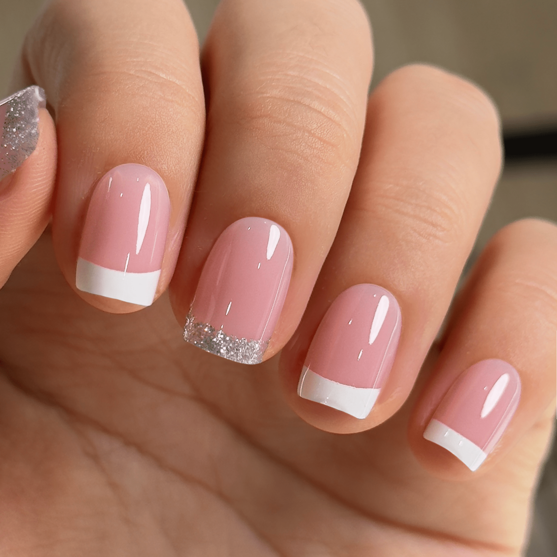 Silver Glitter Cuticle Accent French Silver Glitter Cuticle Accent French — Short French Tip Nails
