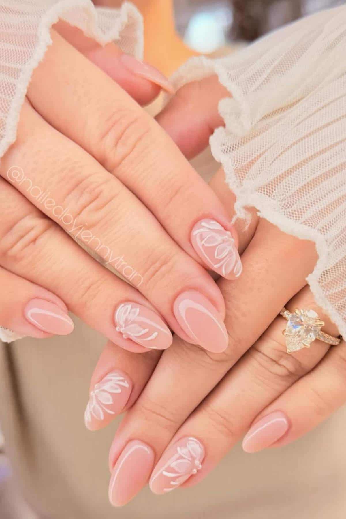 Medium Almond Pale Pink with Floral Motifs — Wedding Nails