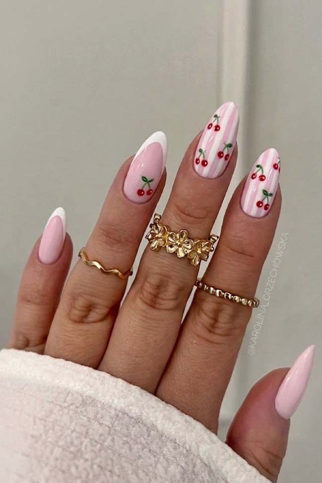 Playful Pink Stripes and Cherry Art — Pink Nails