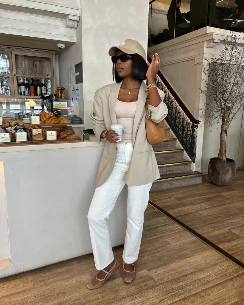 Beige Blazer with Cream Tank and White Jeans for Brunch — Brunch Outfits