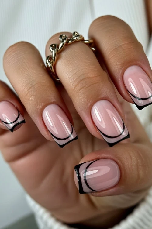 Sheer Pink Base With Black Double Tips Visual Idea — Double French Nails