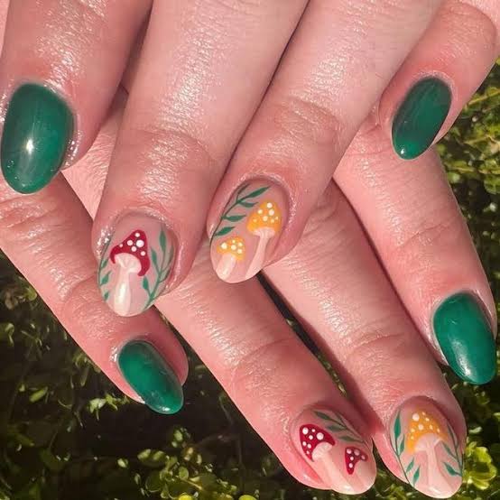 Whimsical Mushroom Art on Deep Green — Medium Nails