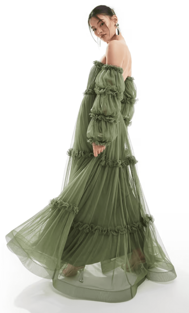 Olive Green Tulle Maxi Dress with Ruffled Sleeves — Fairycore Outfits
