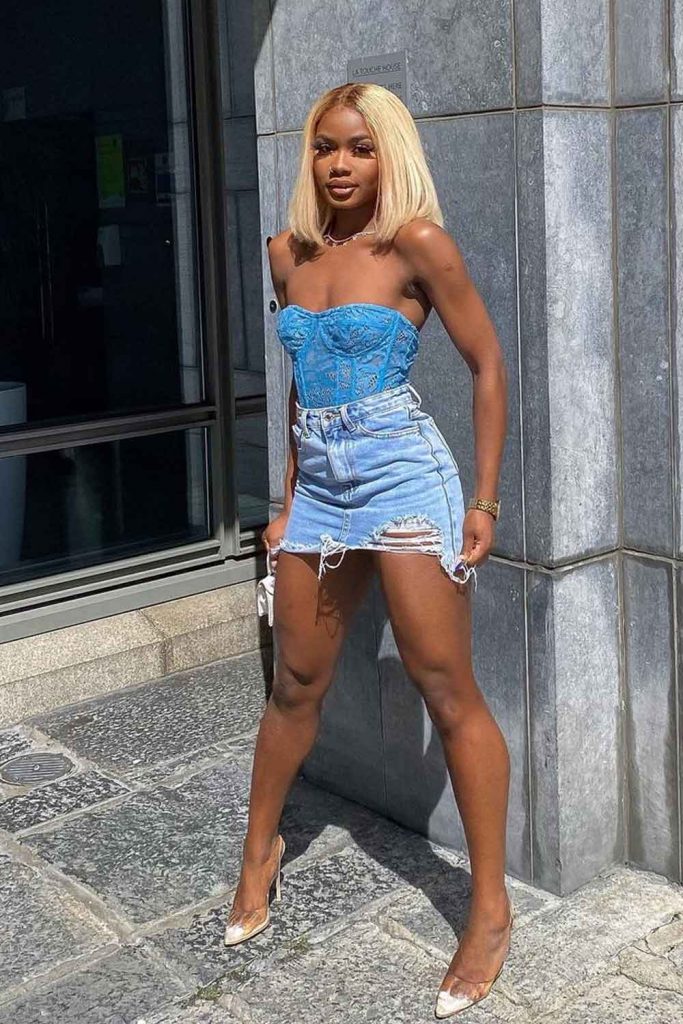 Blue Lace Corset Top with Distressed Denim Mini Skirt Blue Lace Corset Top with Distressed Denim Mini Skirt — Club Outfits