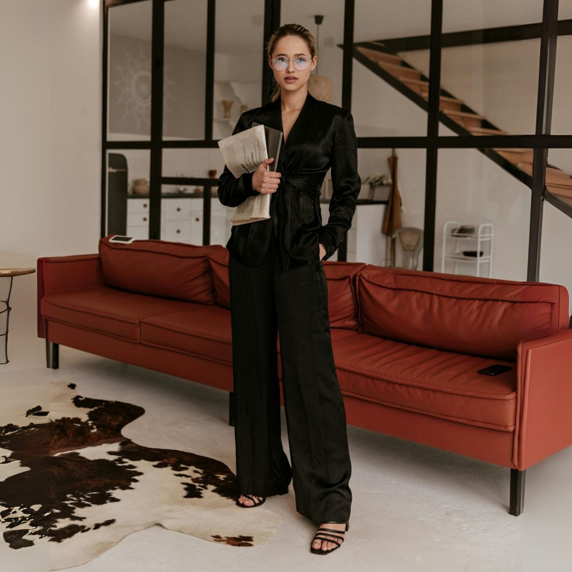 Black Satin Wrap Jacket with Wide-Leg Trousers Black Satin Wrap Jacket with Wide-Leg Trousers — Office Siren Outfits