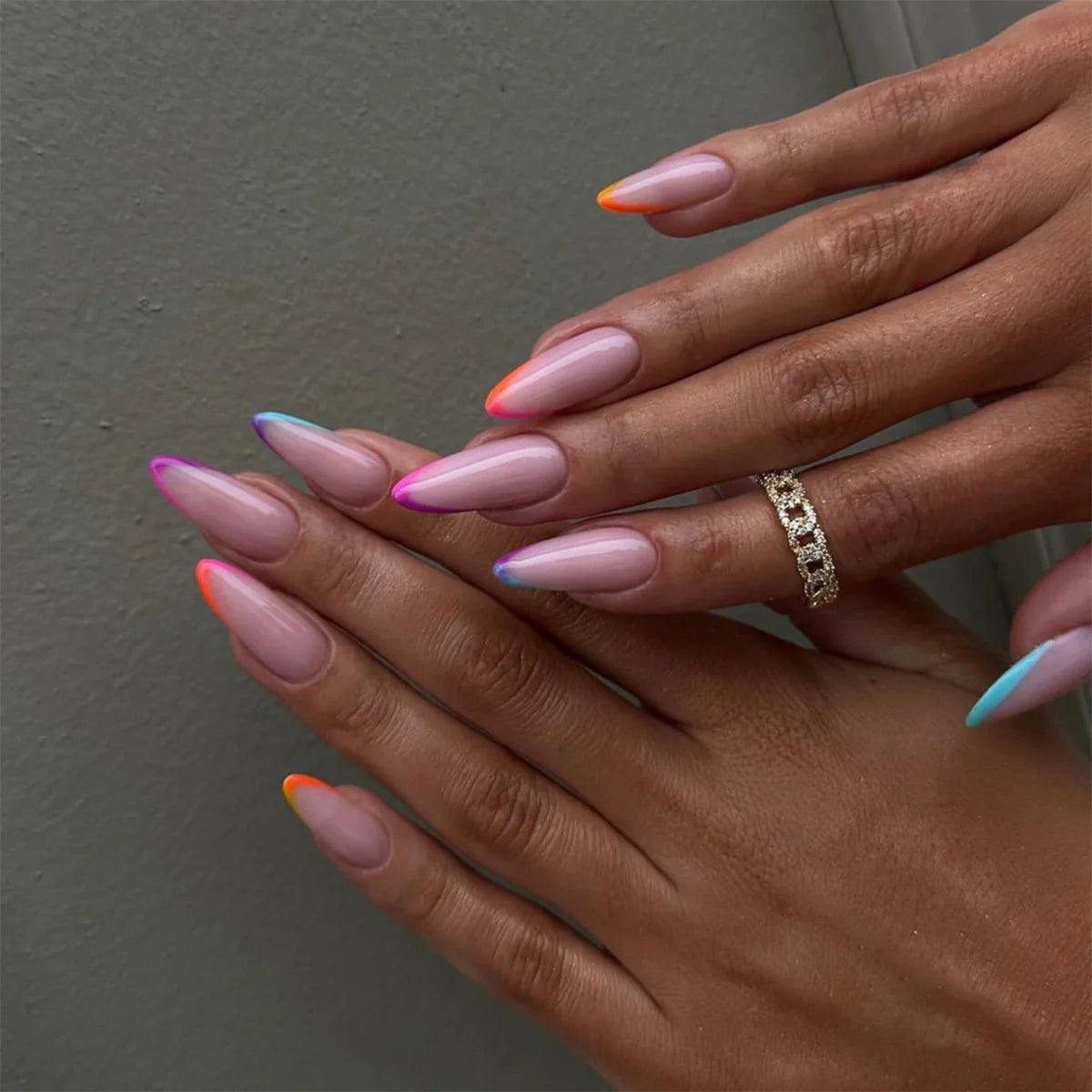 Neon French Tip Rainbow Almonds Neon French Tip Rainbow Almonds — Long Almond Nails