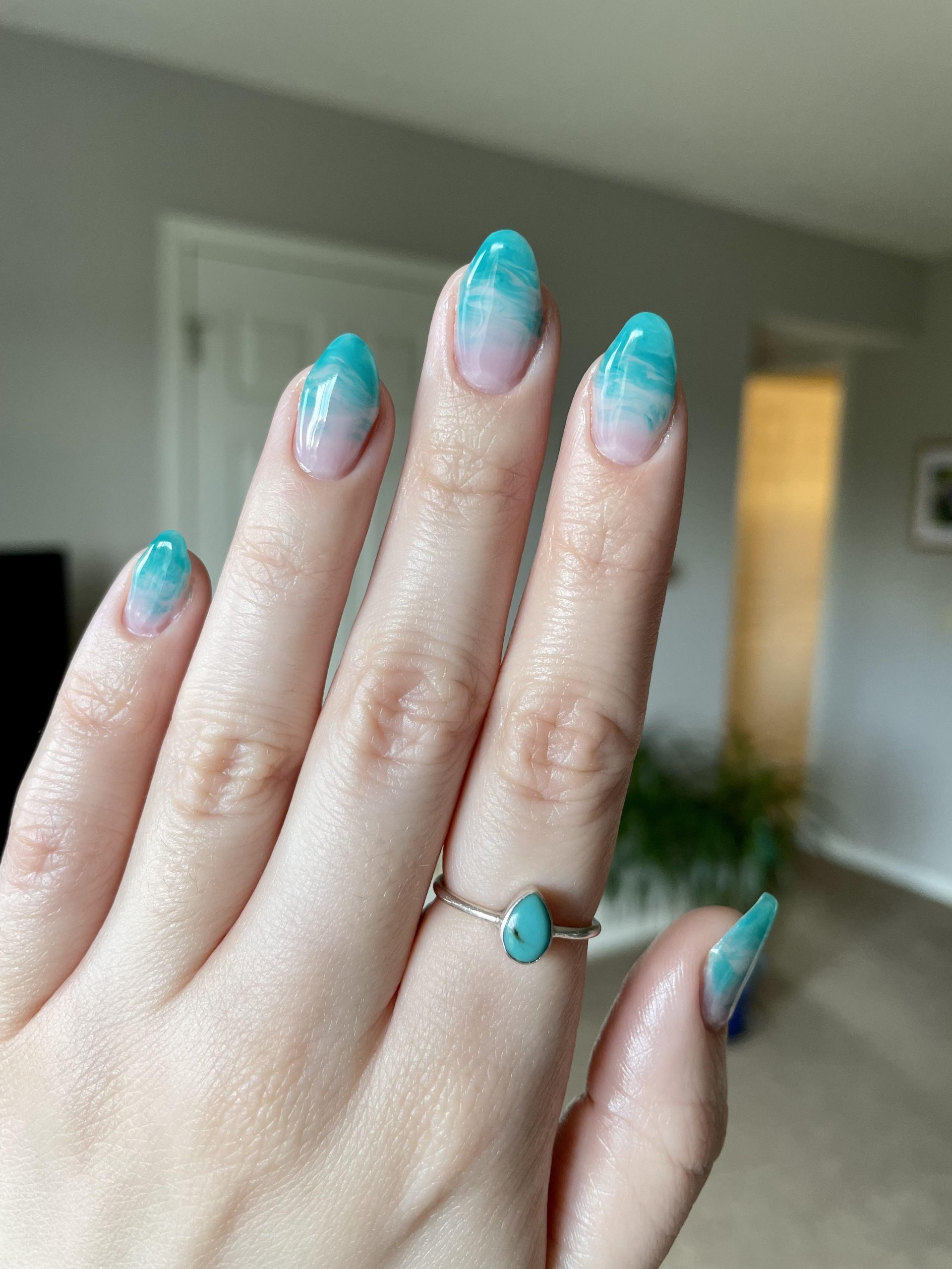 Turquoise Pink Marbled Blooming Gel Nails Turquoise Pink Marbled Blooming Gel Nails