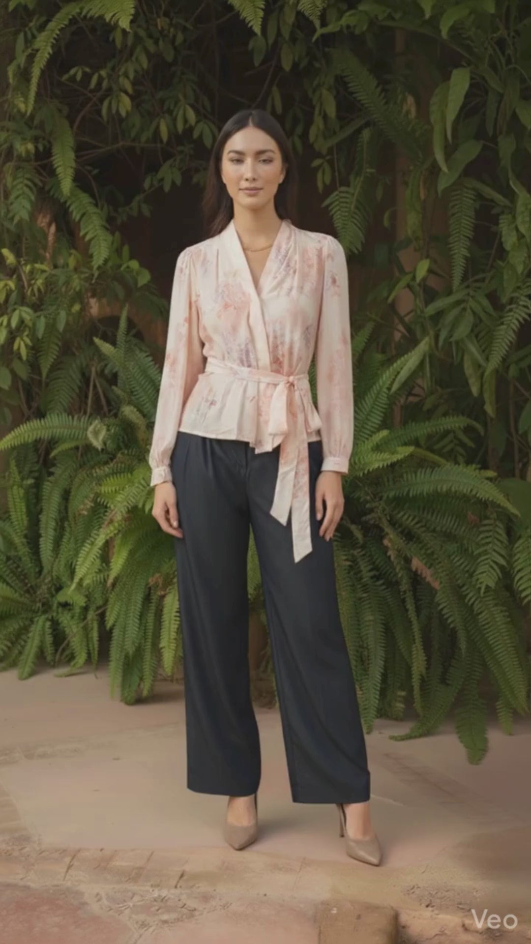 Floral Wrap Blouse with Pinstripe Wide-Leg Pants for Business Casual Floral Wrap Blouse with Pinstripe Wide-Leg Pants for Business Casual — Latina Outfits