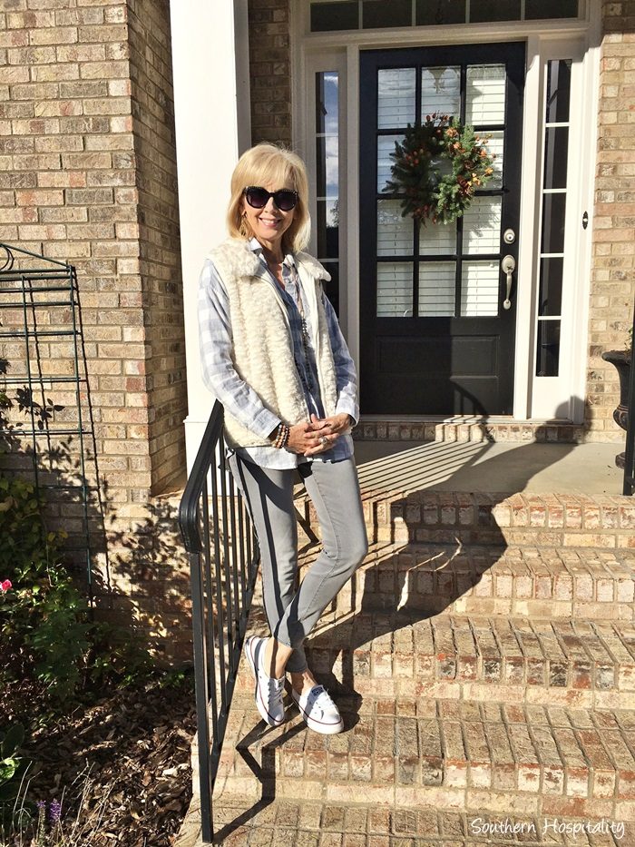 Cozy Faux Fur Vest Layered for a Casual Day — Decades Day Outfits