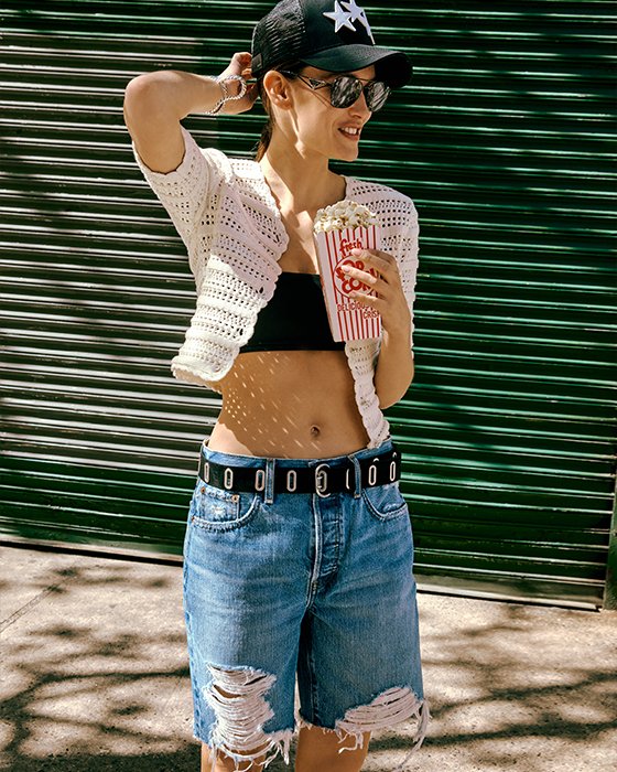 Crochet Shrug Over Bandeau Top with Ripped Denim Shorts Crochet Shrug Over Bandeau Top with Ripped Denim Shorts — Y2K Outfits