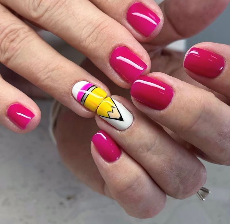 Short Square Pink Pencil Accent Nail Short Square Pink Pencil Accent Nail — School Nails
