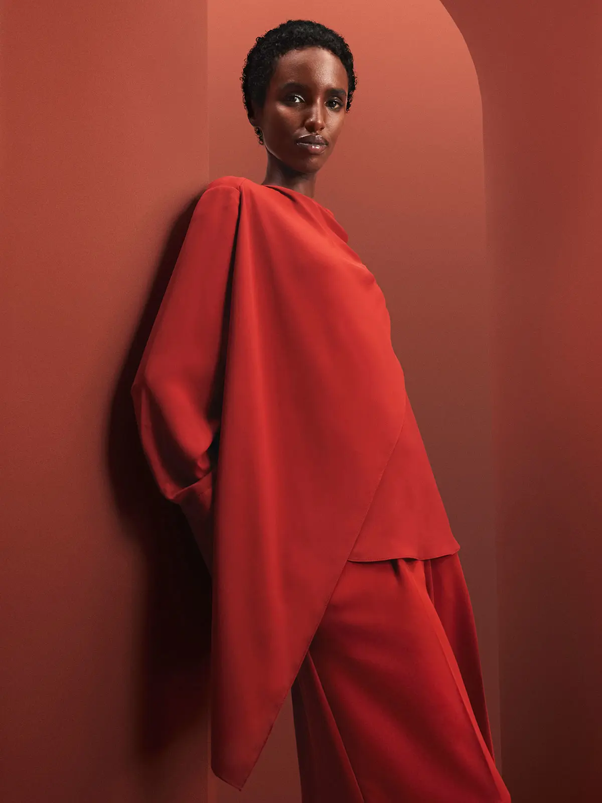Monochromatic Burnt Orange Draped Top and Trousers for Evening Monochromatic Burnt Orange Draped Top and Trousers for Evening — Modest Outfits