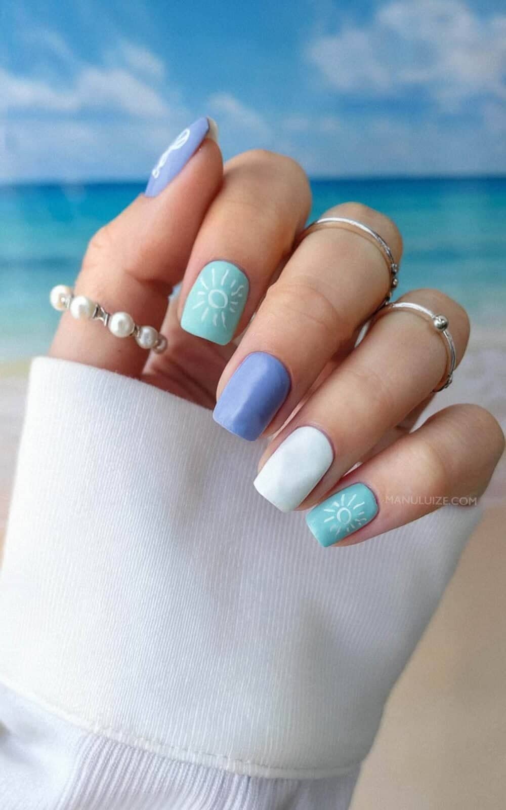 Matte Periwinkle Sun Motif Nails — Classy Short Nails