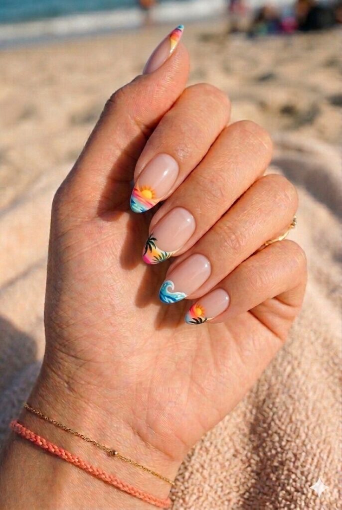 Sunset Beach French Tip Medium Almonds — Medium Almond Nails