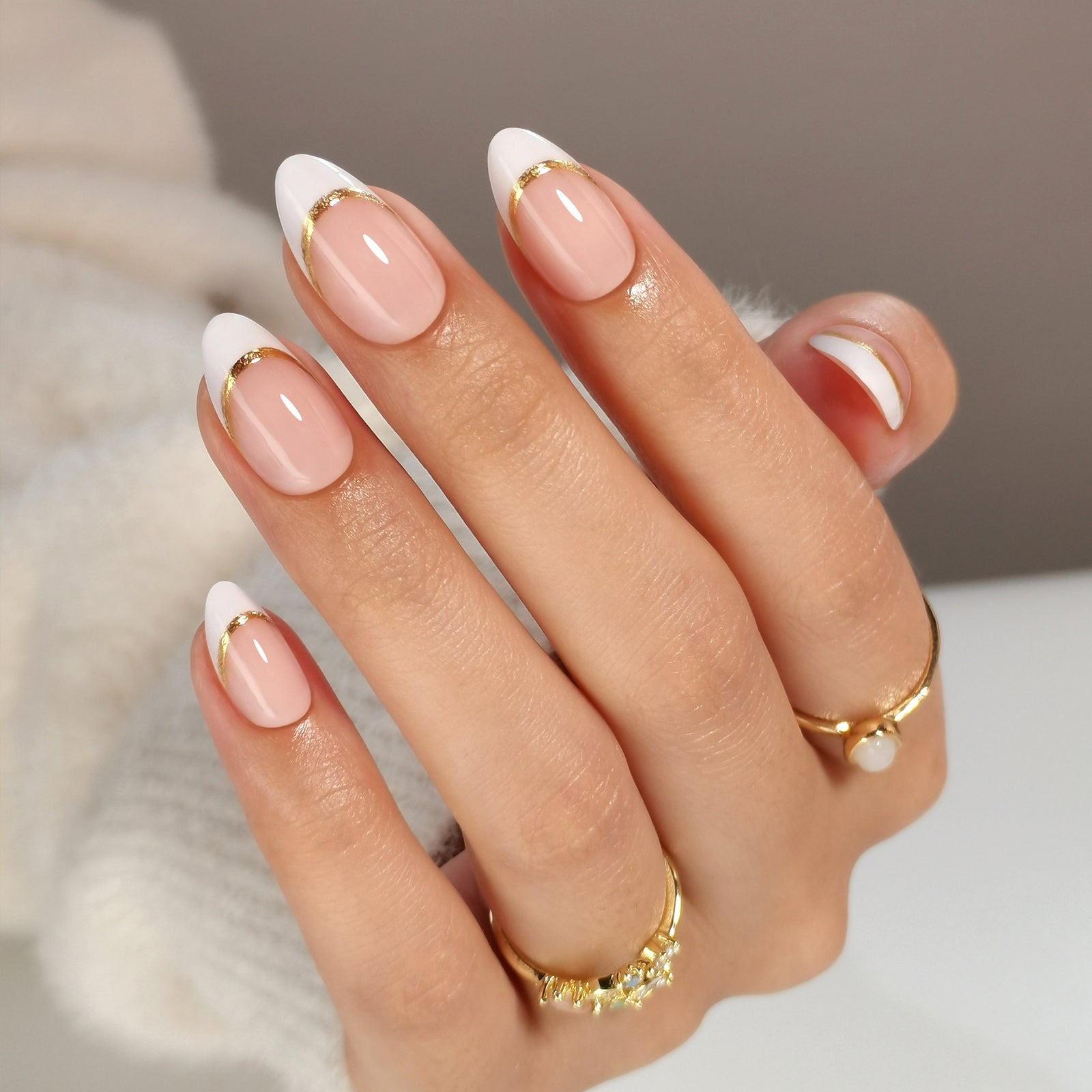 Gold Trim Almond French Tip Nails