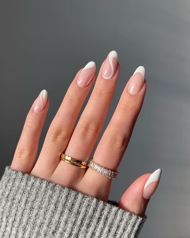 Nude Swirl Line French Oval Nails — Prom Nails