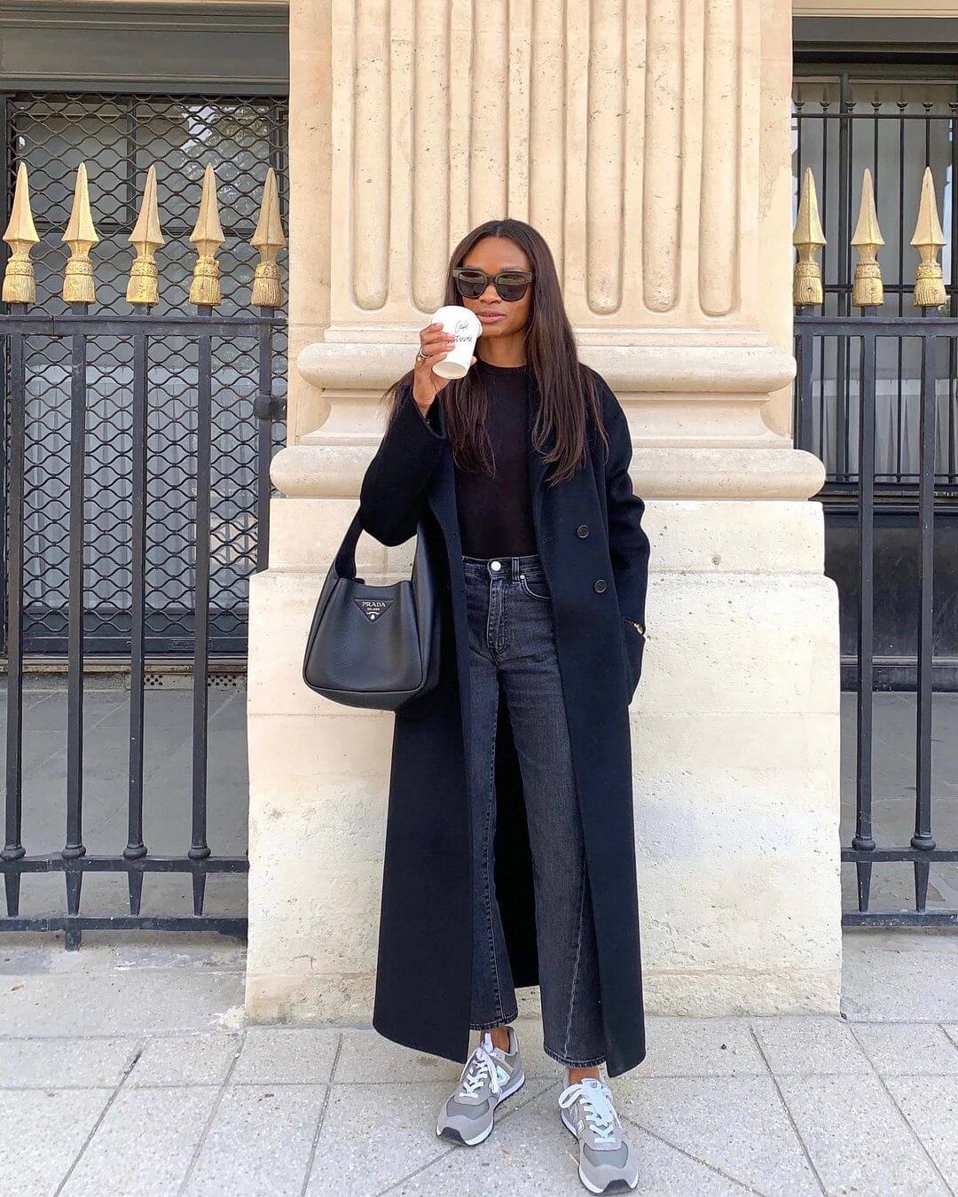 Long Black Coat over Jeans and T-shirt for Urban Minimalism — Minimalist Outfits