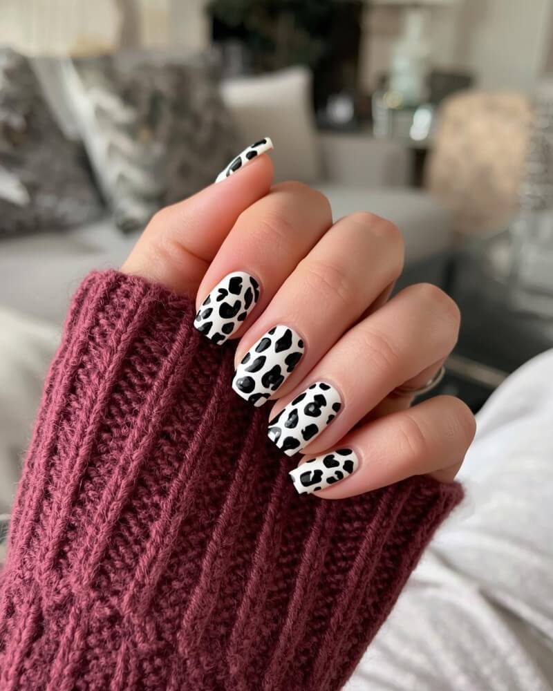 Medium Square Cow Print Nails Medium Square Cow Print Nails — Black and White Nails