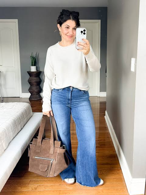 Comfortable Crewneck Sweatshirt and Wide-Leg Jeans — Soccer Mom Outfits
