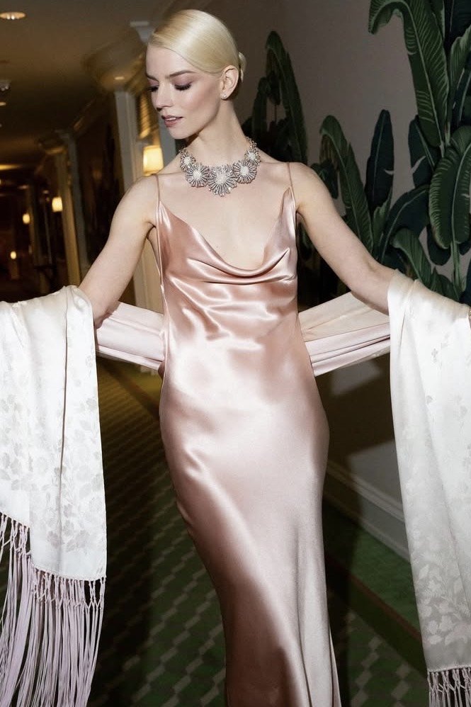 Pale Pink Satin Slip Dress with Fringed Shawl — Old Hollywood Outfits