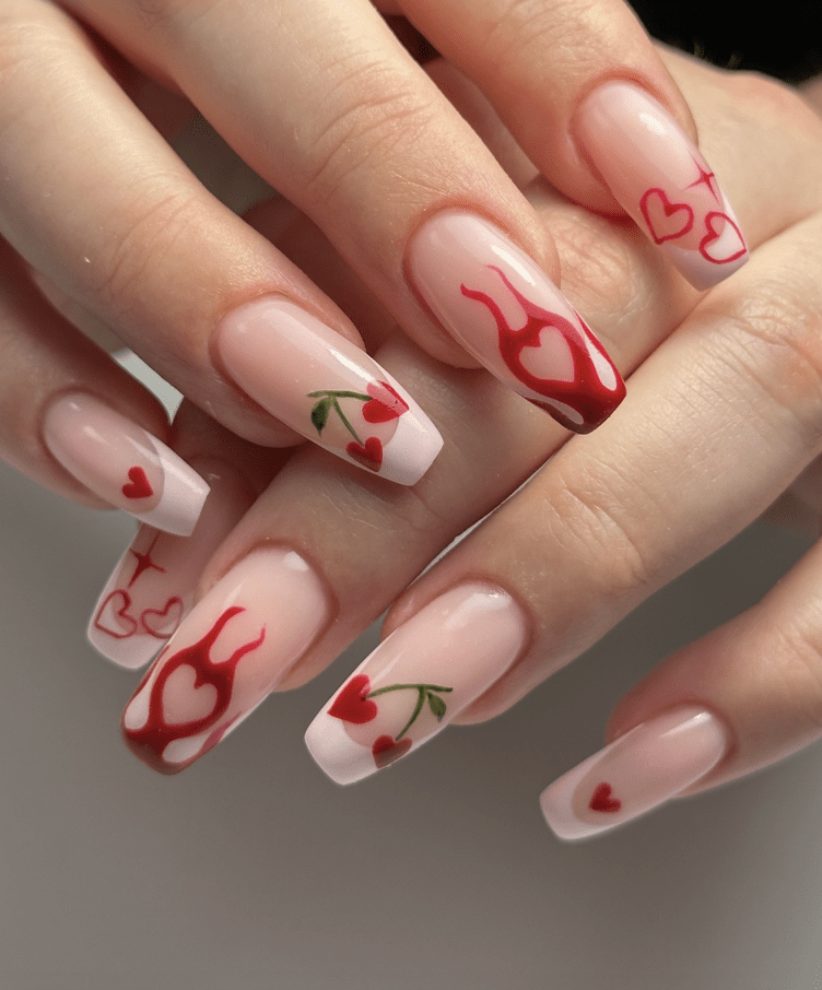 Medium Coffin Pink Nude With Cherries and Hearts Medium Coffin Pink Nude With Cherries and Hearts — Cherry Nails