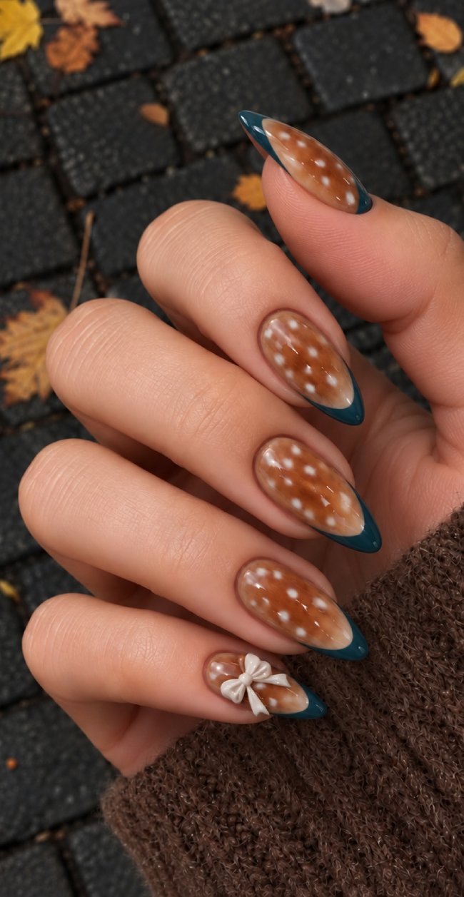 Teal French Tip Fawn Print Stilettos Teal French Tip Fawn Print Stilettos — Coquette Nails