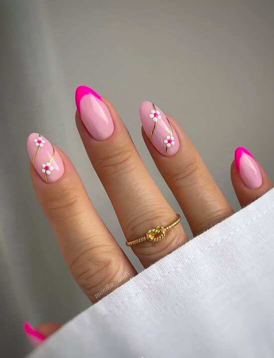 Light Pink Bright Pink Floral Gold Nails — Pink and White Nails