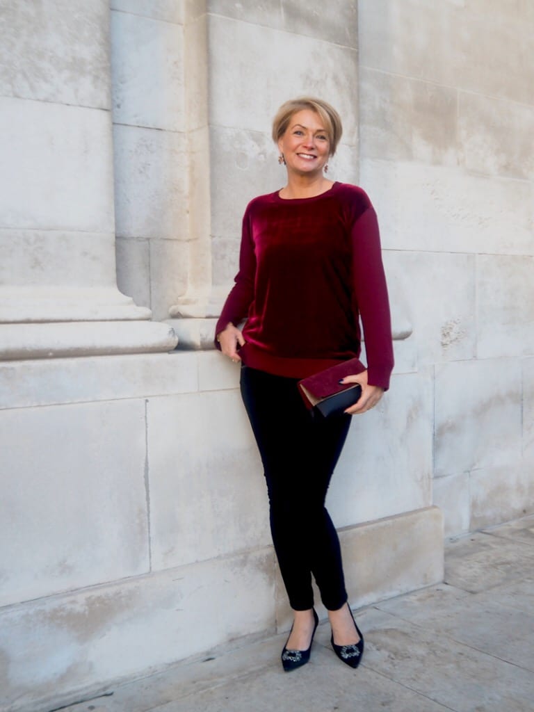 Burgundy Velvet Top with Slim-Fit Pants for a Sophisticated Party — Party Outfits
