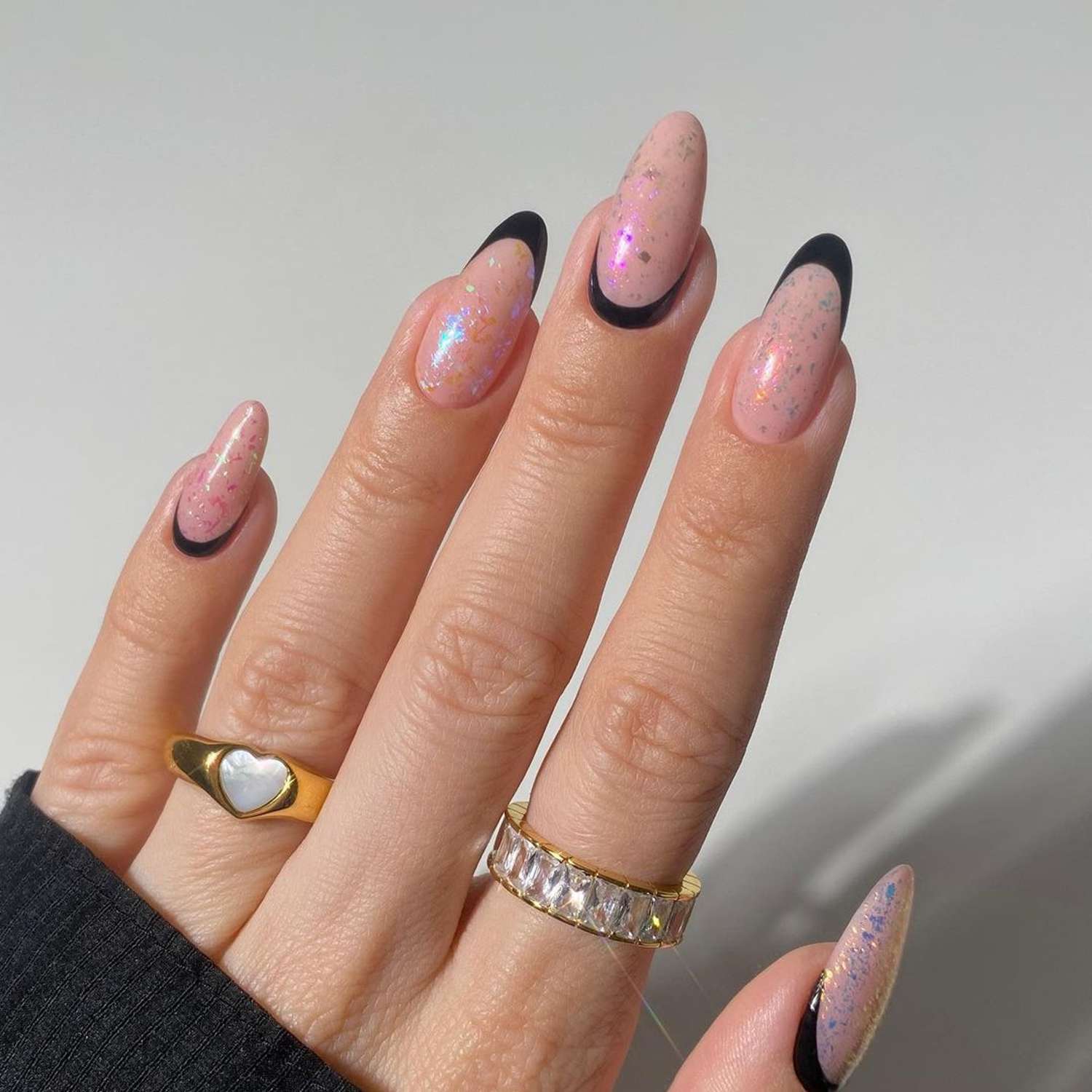 Black French Glitter Long Stiletto — Reverse French Nails