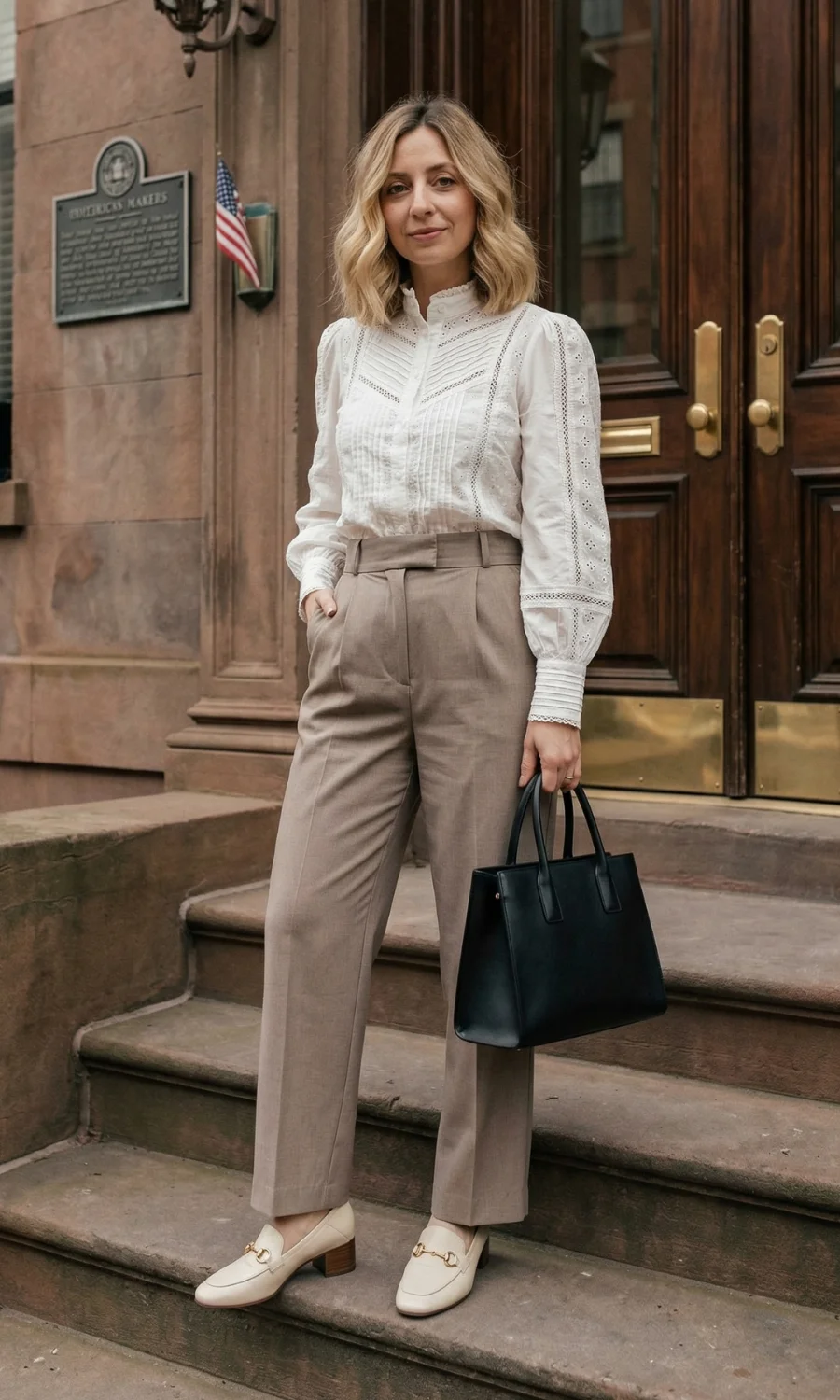 Delicate Lace-Trimmed Blouse and Beige Trousers — Light Academia Outfits