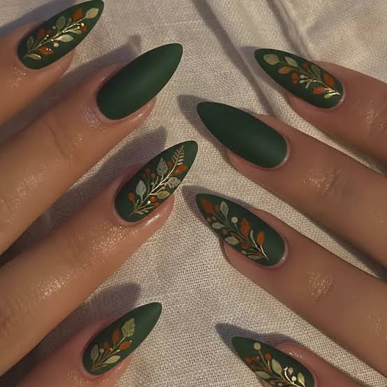 Matte Forest Green Botanical Art Matte Forest Green Botanical Art — Dark Green Nails
