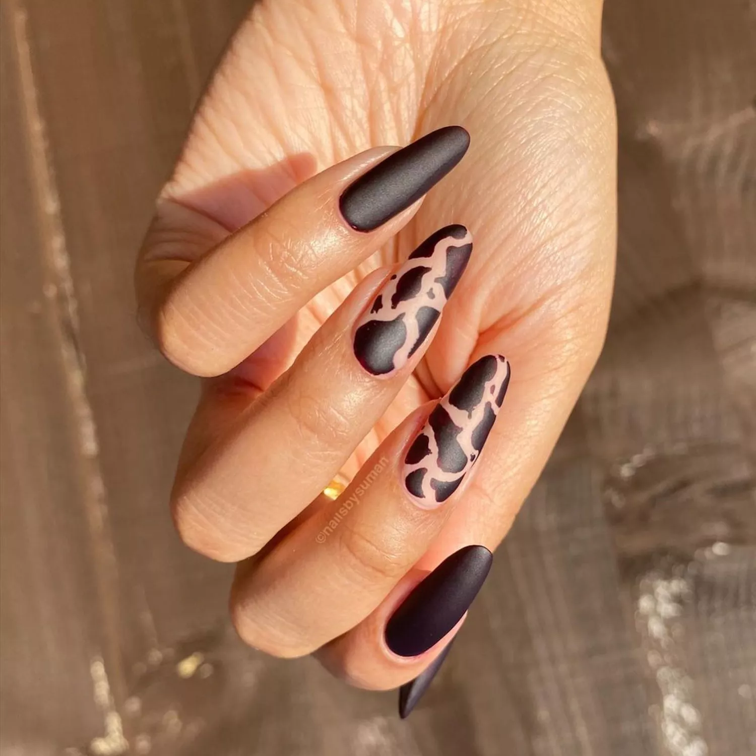Matte Black with Pink and Beige Cow Print Matte Black with Pink and Beige Cow Print — Cow Print Nails