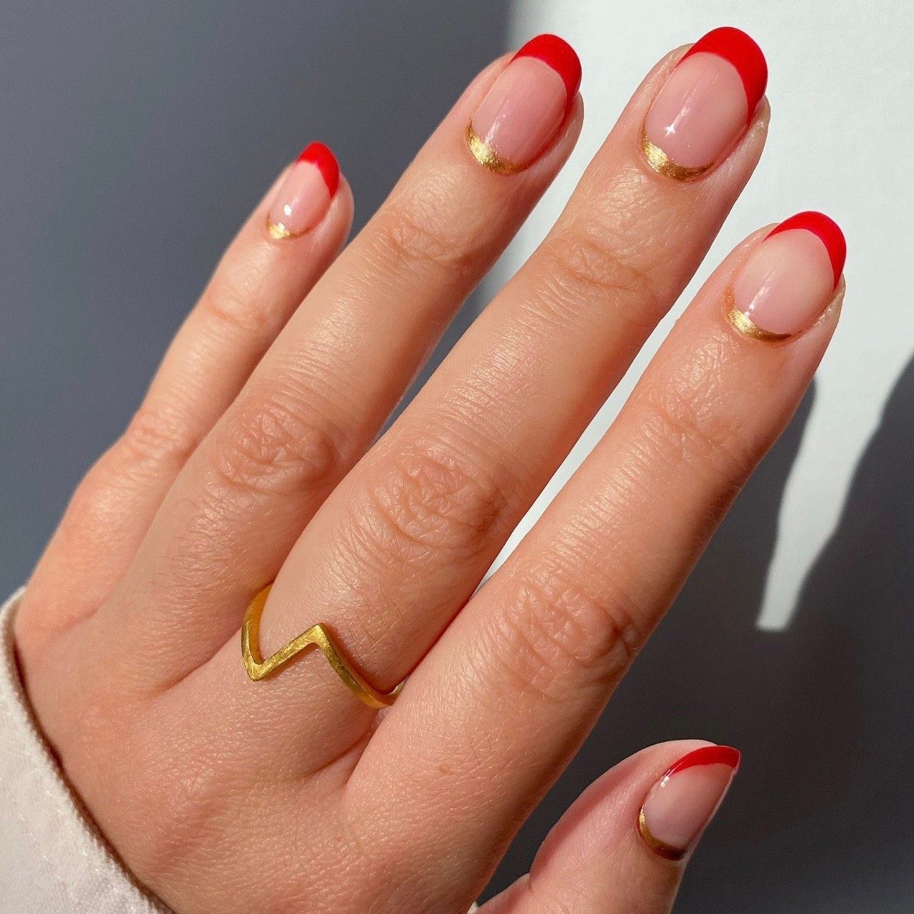 One Hand Close-Up Visual Idea — Red French Tip Nails