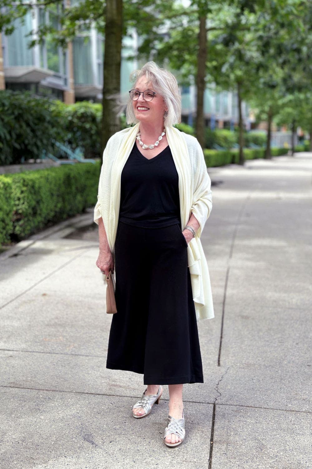 Black Culottes with Ivory Knit Wrap Black Culottes with Ivory Knit Wrap — Coastal Grandmother Outfits