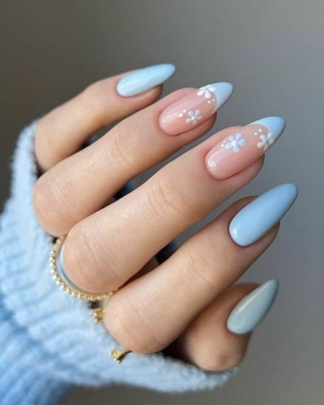 Pastel Blue and Nude with White Floral Accents — Blue Nails