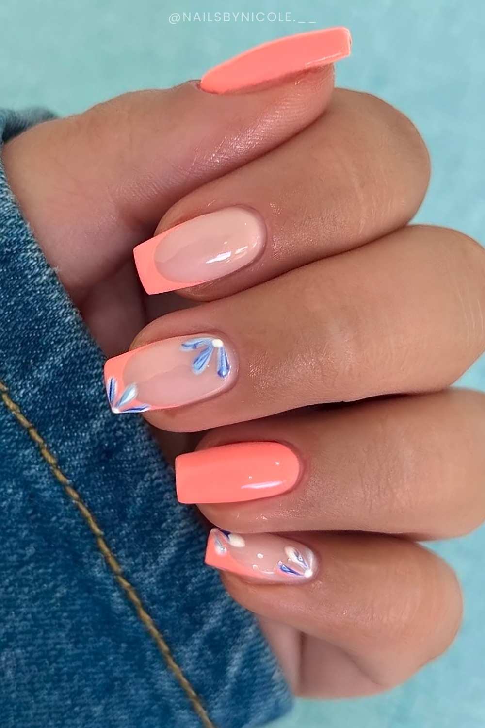 Sheer Pink Coral French Tips with Floral Accents Sheer Pink Coral French Tips with Floral Accents — Coral Nails