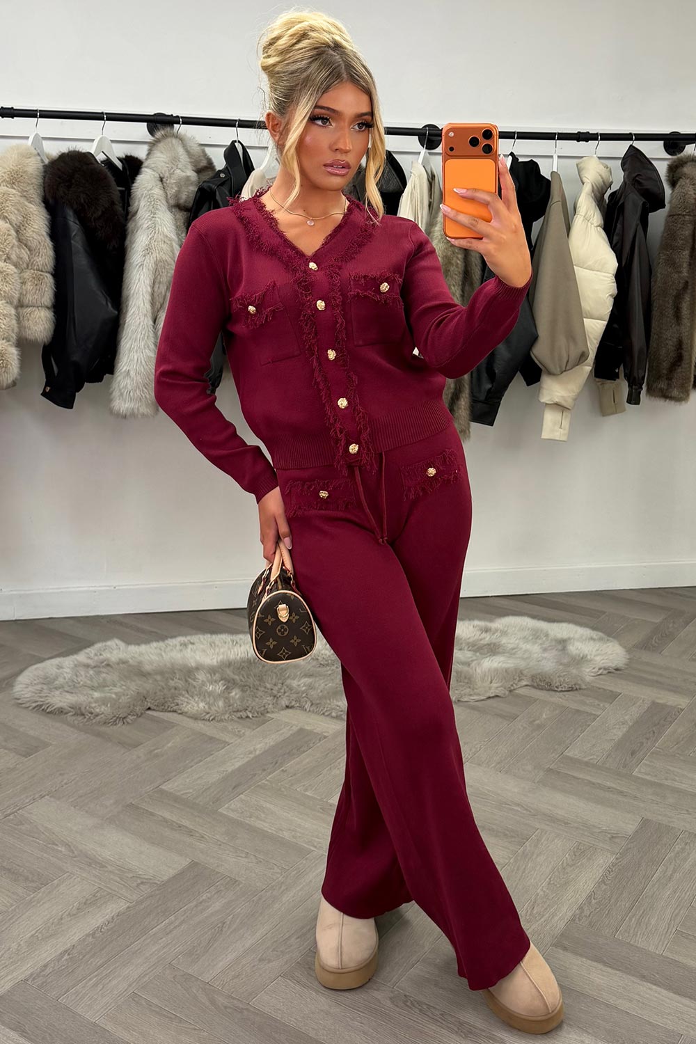 Burgundy Knit Cardigan Set with Fringe Detail Burgundy Knit Cardigan Set with Fringe Detail — Going Out Outfits