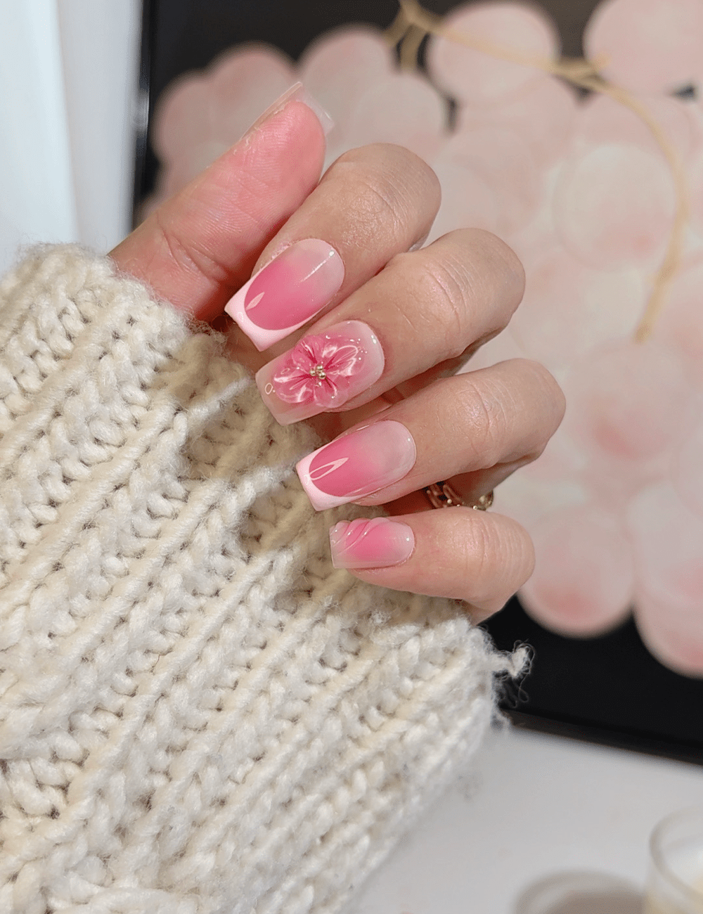 Short Square Pink Ombre with 3D Flower Short Square Pink Ombre with 3D Flower — Flower Nails