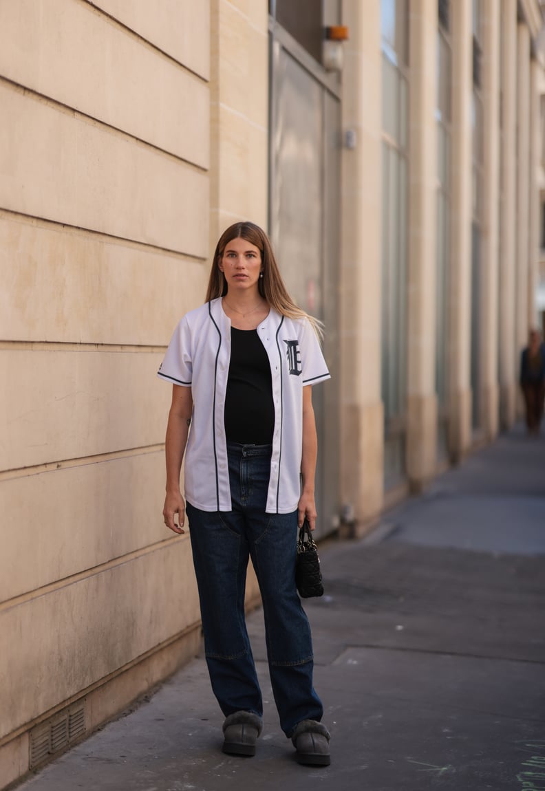 White Baseball Jersey Over T-Shirt with Wide-Leg Jeans White Baseball Jersey Over T-Shirt with Wide-Leg Jeans — Jersey Outfits