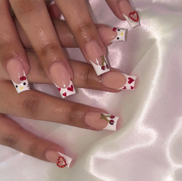 Nude French Hello Kitty with Cherries — Hello Kitty Nails