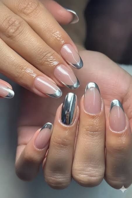 Sheer Pink with Metallic Silver French Tips Sheer Pink with Metallic Silver French Tips — Silver Nails